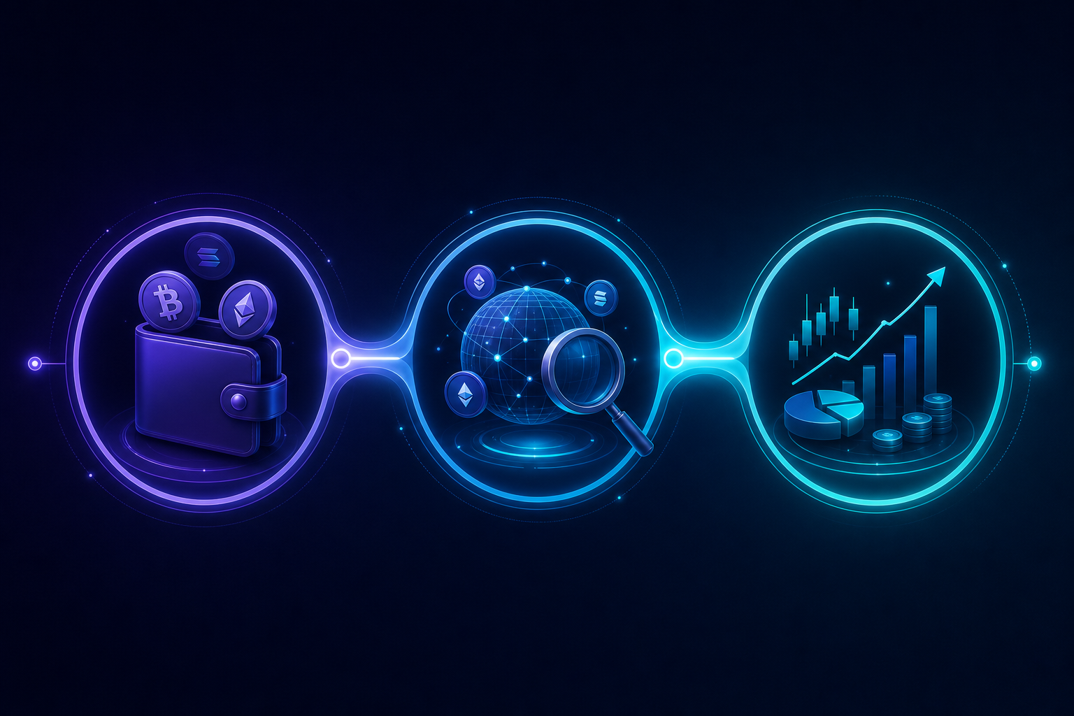 CrypDude three-step cryptocurrency trading workflow: connect to live market data, analyze with AI and ML models, then act on scored insights