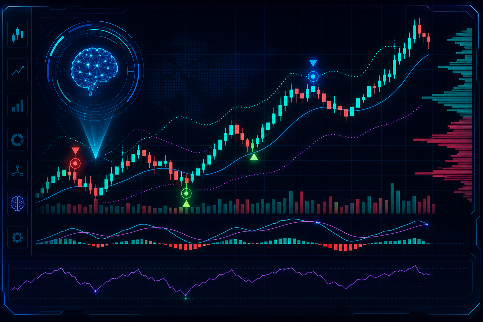 AI trading chart technical analysis on a cryptocurrency candlestick chart with buy hold sell signals